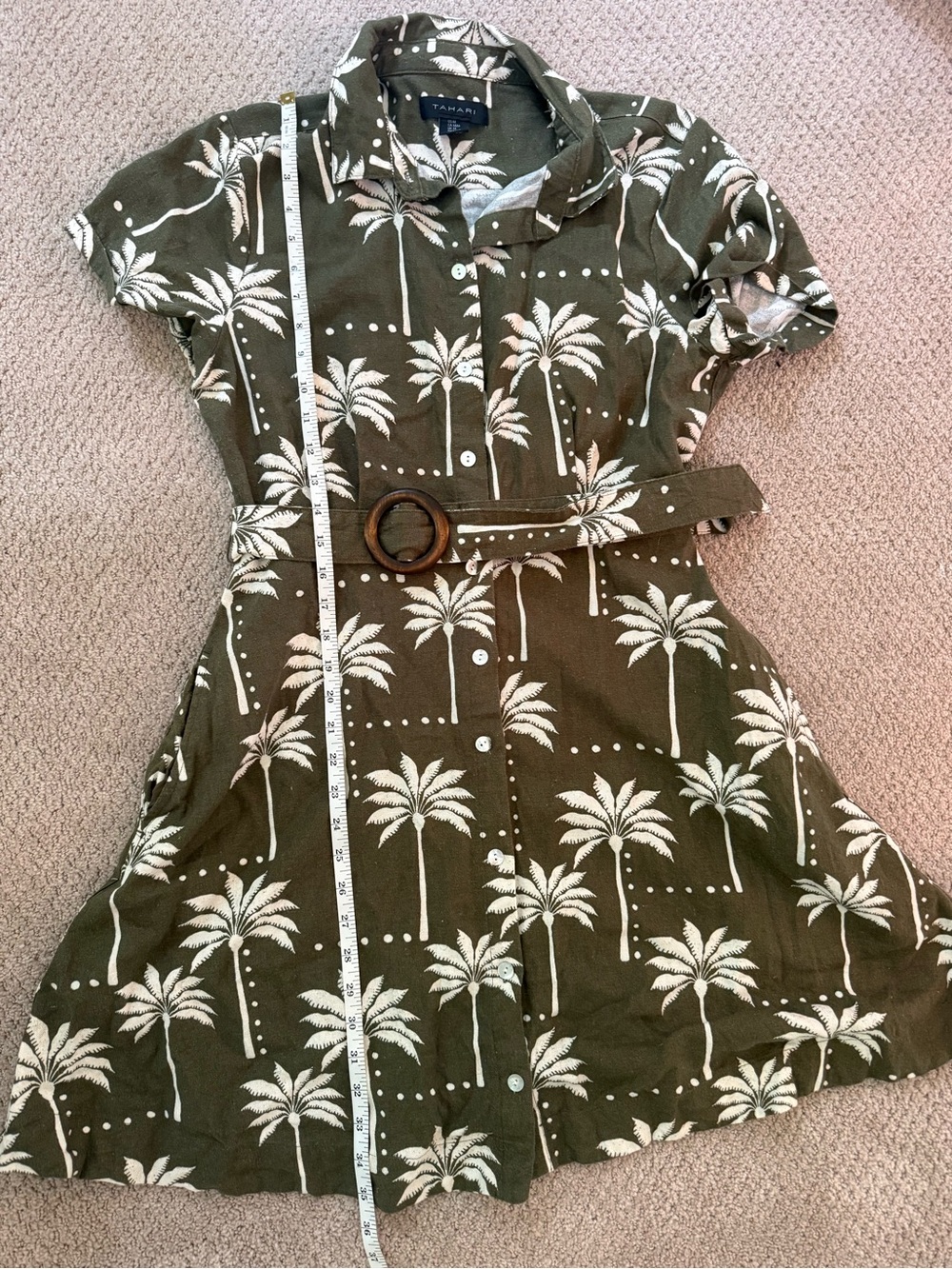 Tahari Olive Green Palm Print Shirt Dress with Belt - Picture 2 of 7